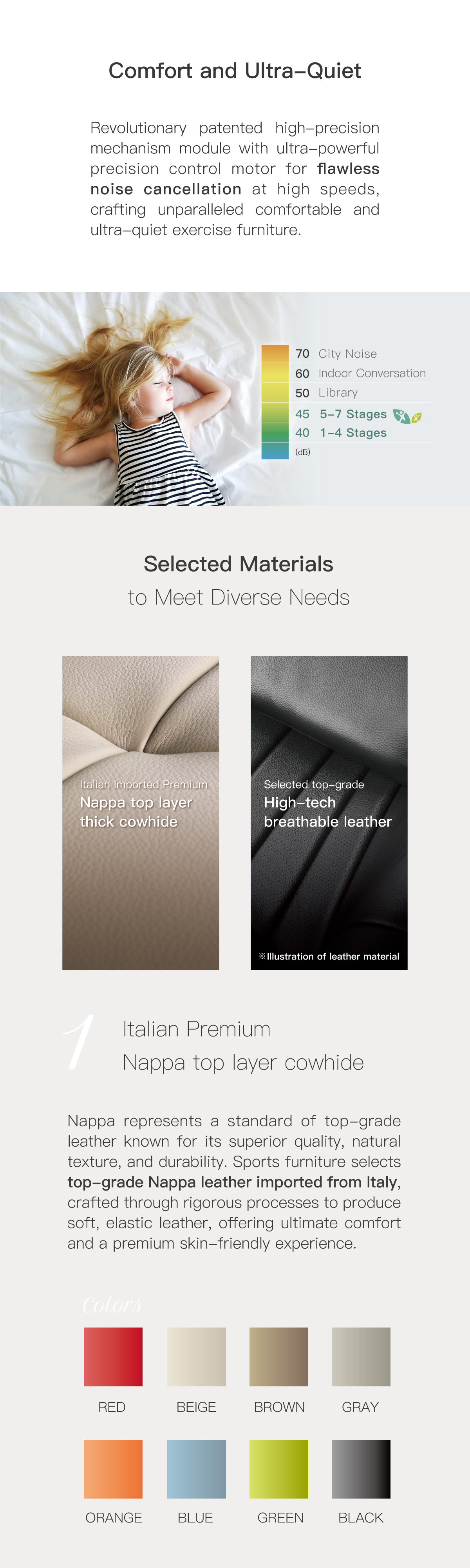 Comfort and Ultra-Quiet. Selected Materials to Meet Diverse Needs. Italian Premium Nappa top layer cowhide.