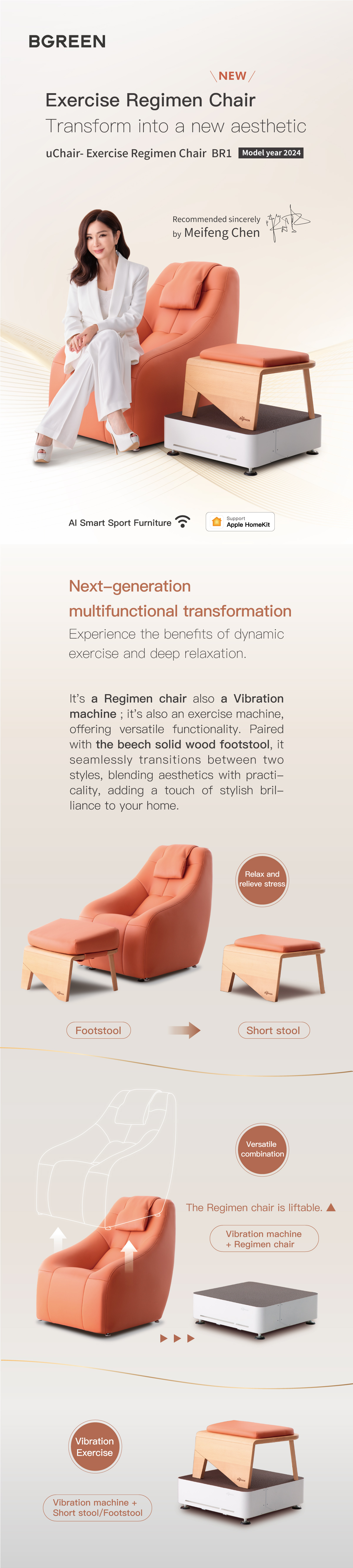 Exercise Regimen Chair Transform into a new aesthetic. Recommended sincerely by Meifeng Chen. Next-generation multifunctional transformation. It's a Regimen chair also a Vibration machine.