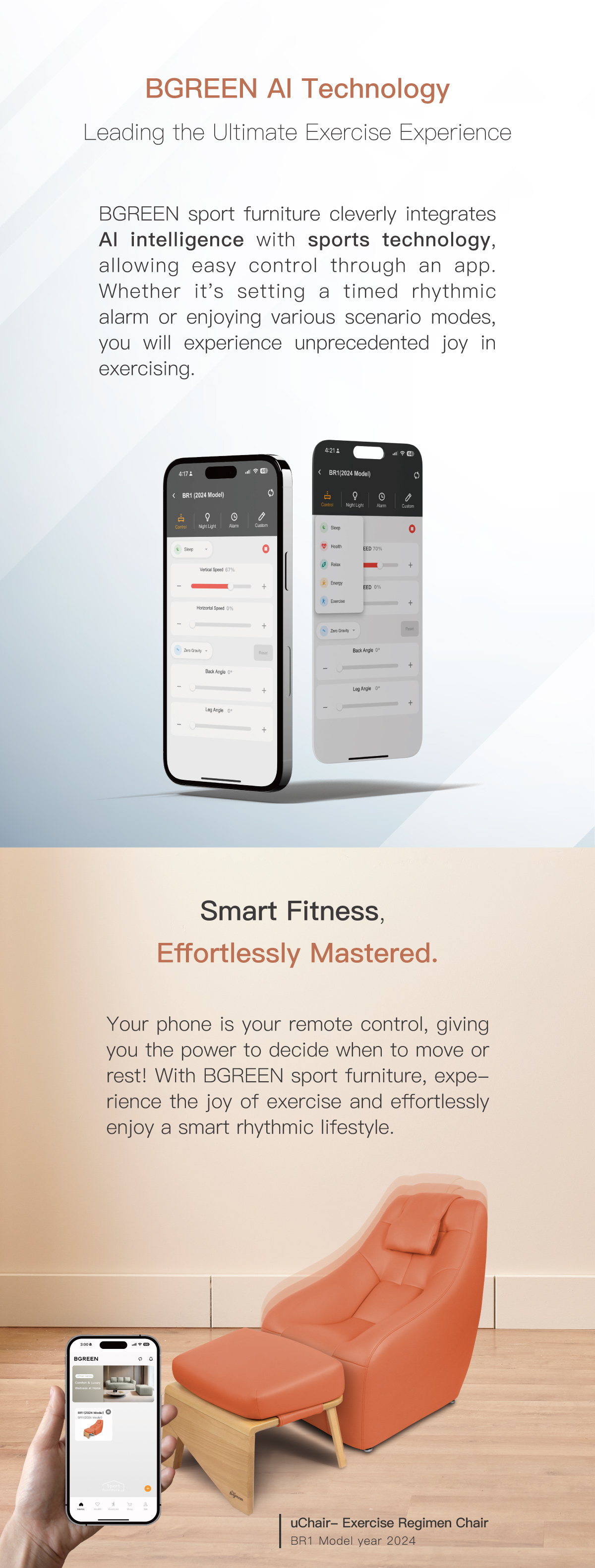 BGREEN AI Technology Leading the Ultimate Exercise Experience. Your phone is your remote control, giving you the power to decide when to move or rest!