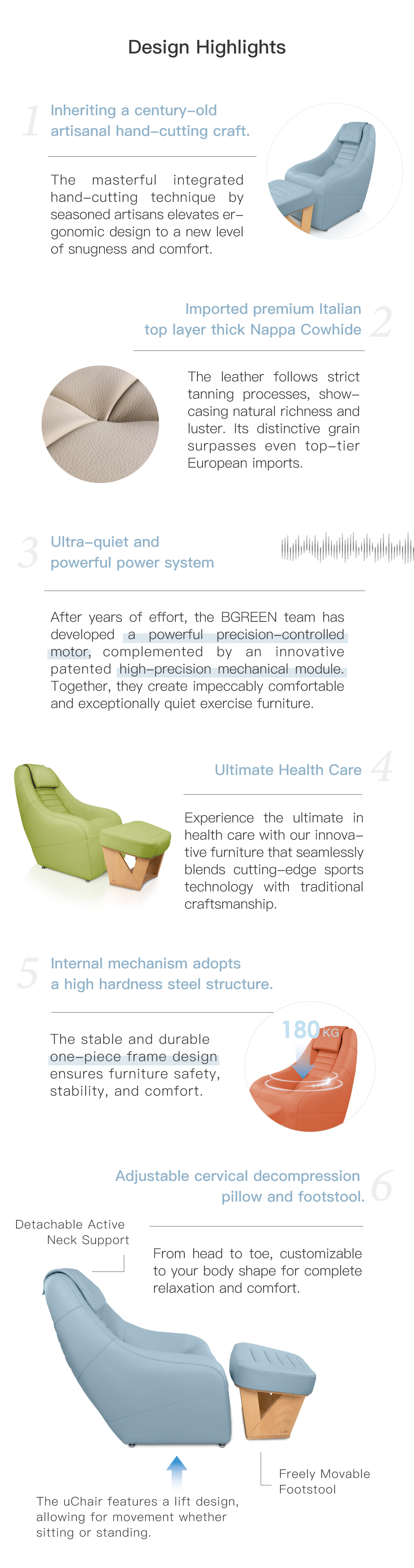 Design Highlights. Inheriting a century-old artisanal hand-cutting craft. Imported premium Italian top layer thick Nappa Cowhide. Ultra-quiet and powerful power system.