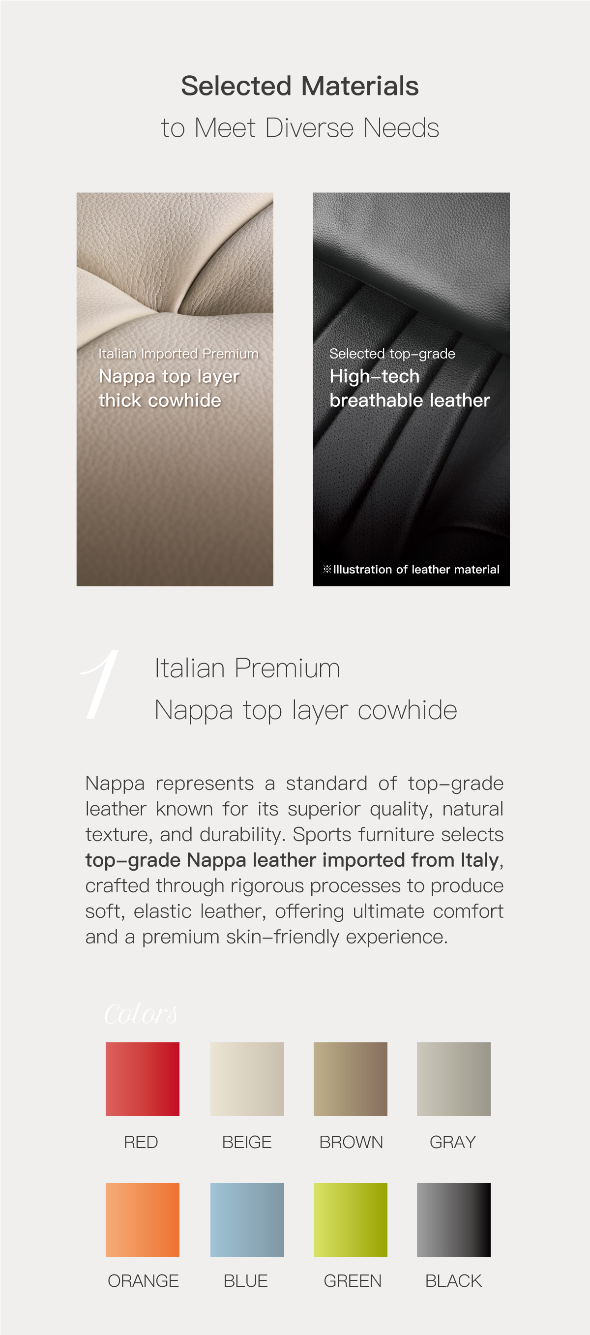 Selected Materials to Meet Diverse Needs. Italian Premium Nappa top layer cowhide. High-Tech Breathable Leather.