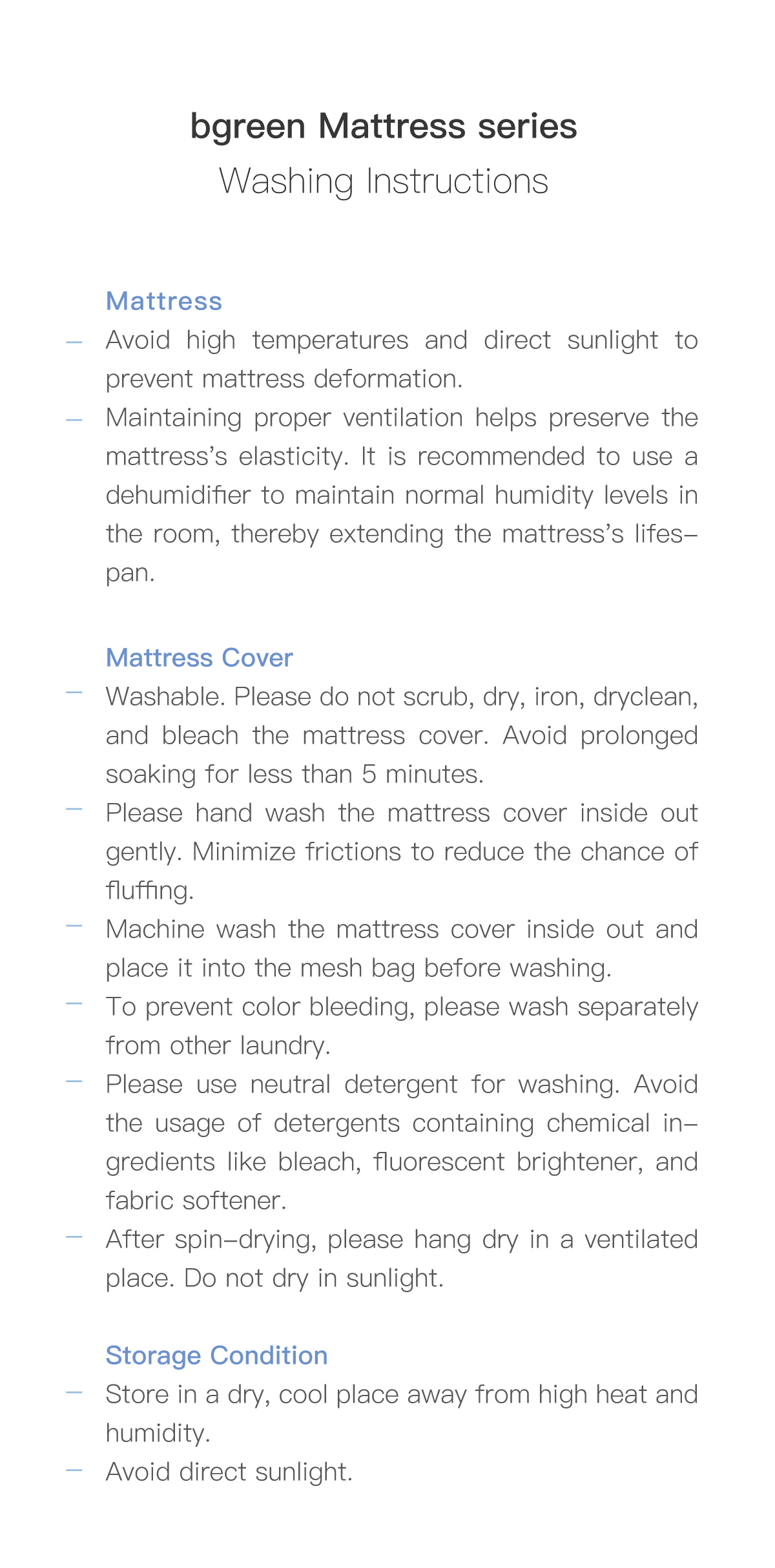 bgreen Mattress series Washing Instructions.