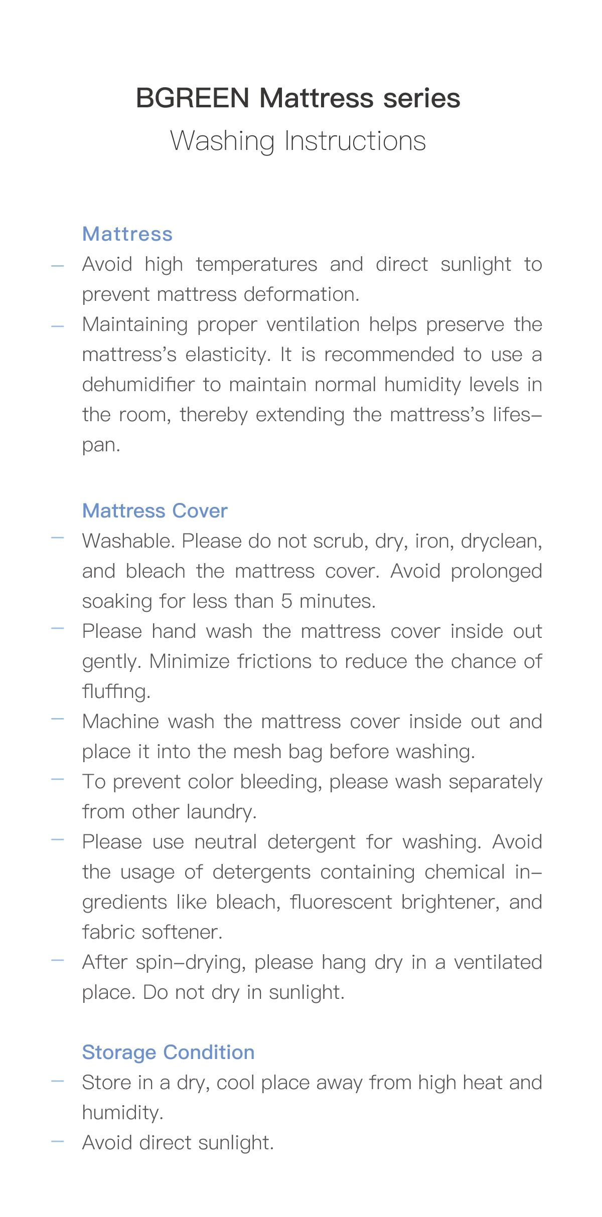 BGREEN Mattress series Washing Instructions.