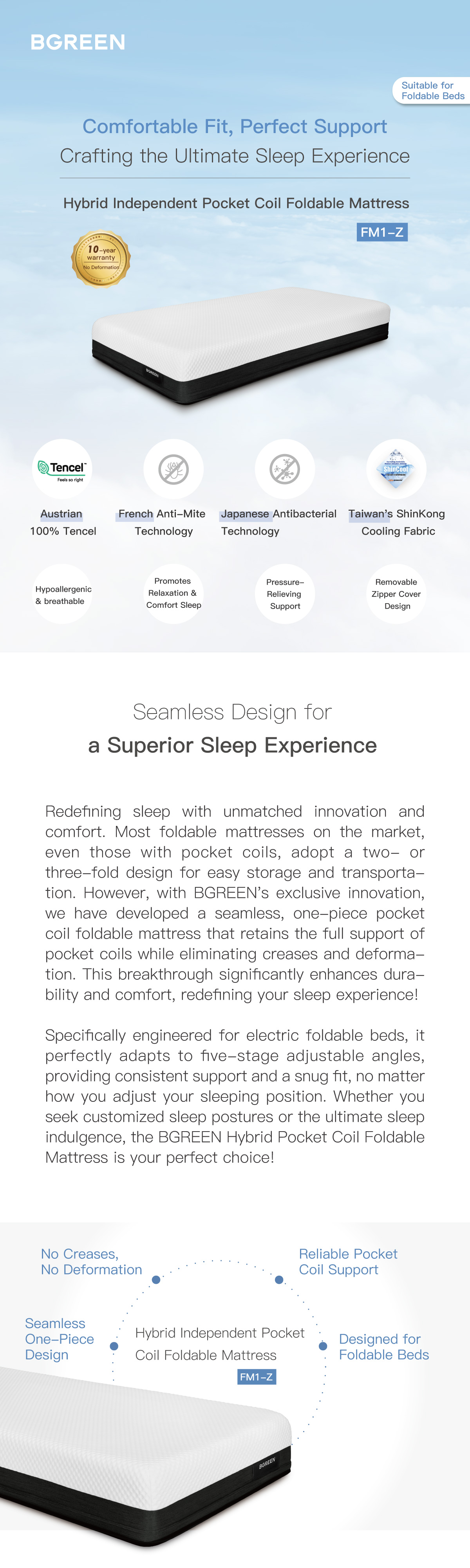 Comfortable Fit, Perfect Support Crafting the Ultimate Sleep Experience Hybrid Independent Pocket Coil Foldable Mattress FM1-Z Seamless Design for
a Superior Sleep Experience