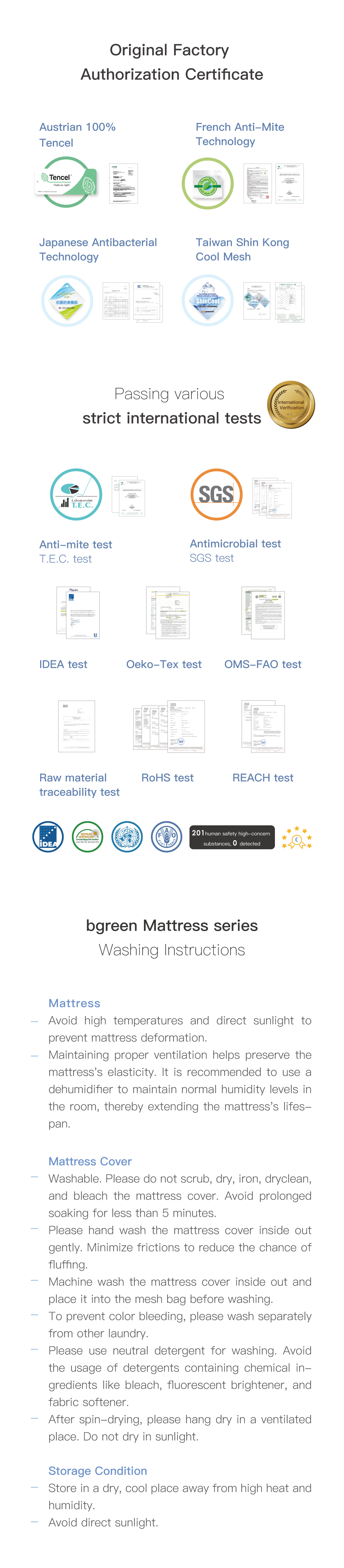 Original Factory Authorization Certificate. Passing various strict international tests. bgreen Mattress series Washing Instructions.