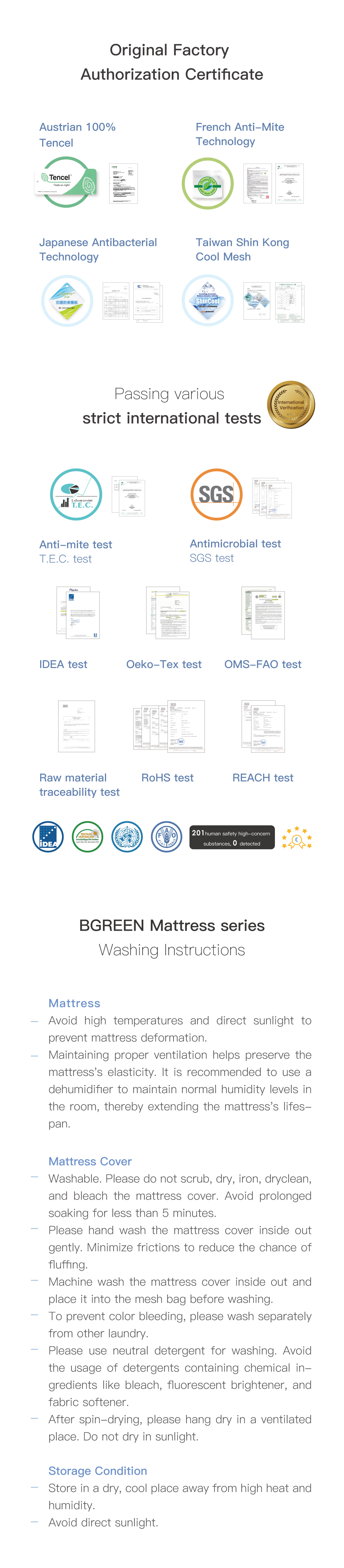 Original Factory Authorization Certificate. Passing various strict international tests. BGREEN Mattress series Washing Instructions.